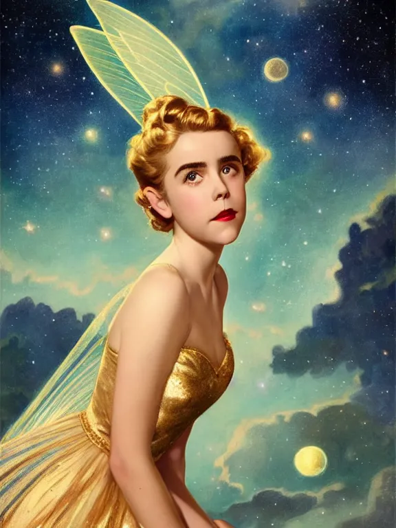 Image similar to kiernan shipka as tinkerbell, a beautiful art nouveau portrait by Gil elvgren, moonlit starry sky environment, centered composition, defined features, golden ratio, gold jewlery, photorealistic professionals lighting, cinematic, sheer