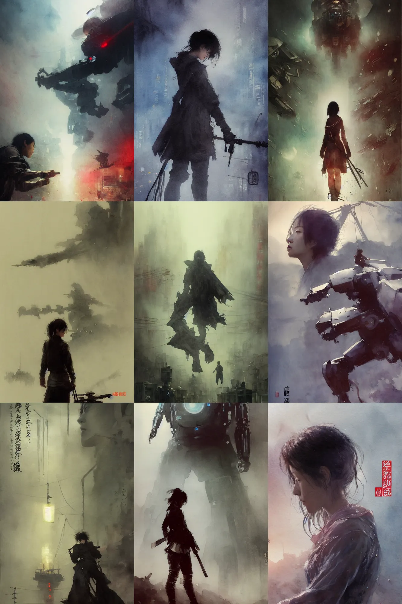 Prompt: incredible ruan jia movie poster, painted ,masterful detailed watercolor, japan, ilya repin, waterhouse, kastuhiro otomo, profile face, giant robots claw at the the background fog, cables, spotlight, deep 3 point perspective, fish eye, dynamic scene, light rain, sparks, movie scene close up emotional miss Kusanagi face, short bob hair, emotional face