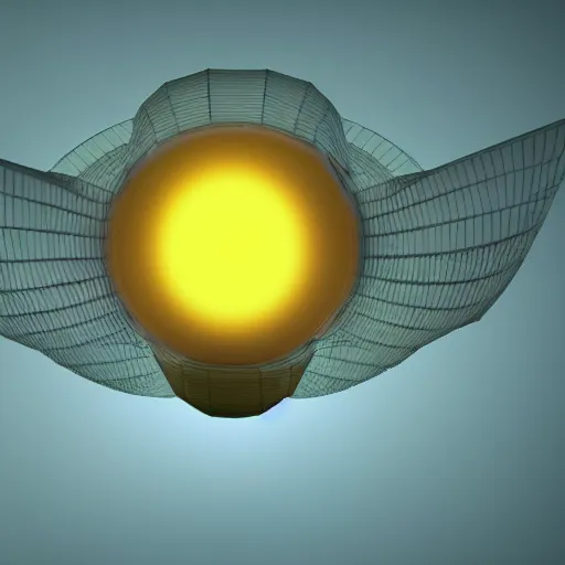 Image similar to 3 d octane render, glowing transparent yellow orb with white wings attached to it flying