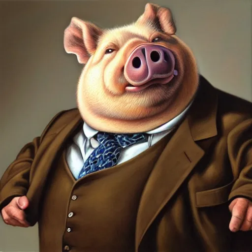 Image similar to portrait of an anthropomorphic fat pig wearing a suit, oil painting, masterpiece, extremely detailed, sharp focus, intricate, award-winning, hyperrealistic, by Ralph Horsley, by artgerm