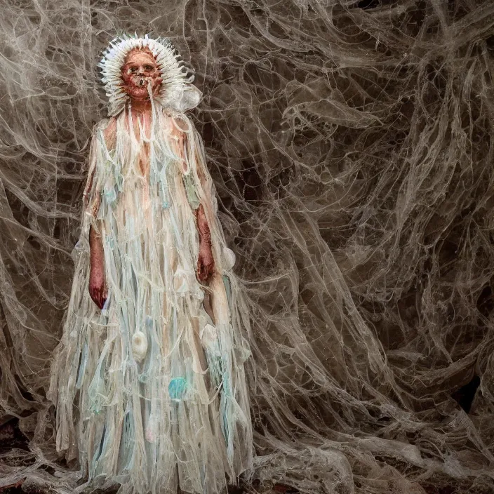 Image similar to a closeup portrait of a woman wearing a dress made of jelly fish and eels, standing in a derelict building, color photograph, by vincent desiderio, canon eos c 3 0 0, ƒ 1. 8, 3 5 mm, 8 k, medium - format print