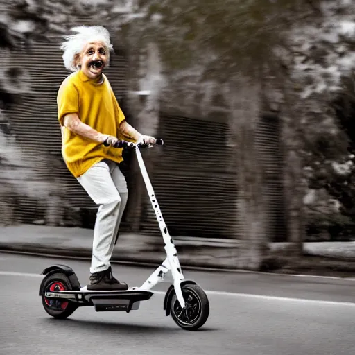 Image similar to Albert Einstein rides an electric scooter with his tongue out, moody, beautiful composition, hyper detailed, insane details , 8K