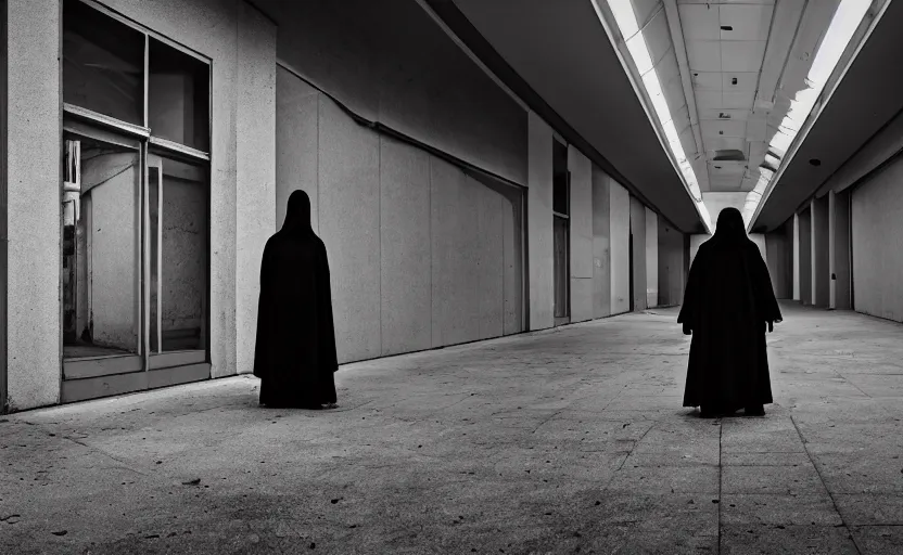 Prompt: a hooded figure, standing in a dark abandoned mall, photography