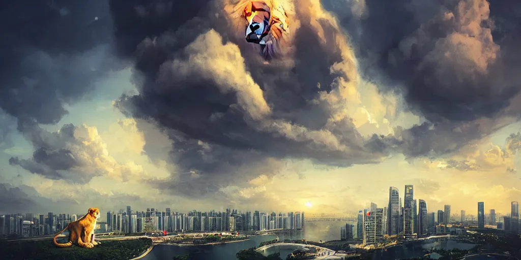 Prompt: Singapore city with a lion-shaped cloud in the sky, by greg rutkowski, red and white lighting, digital art, ultra realistic, ultra detailed, photorealistic, 4k, character concept