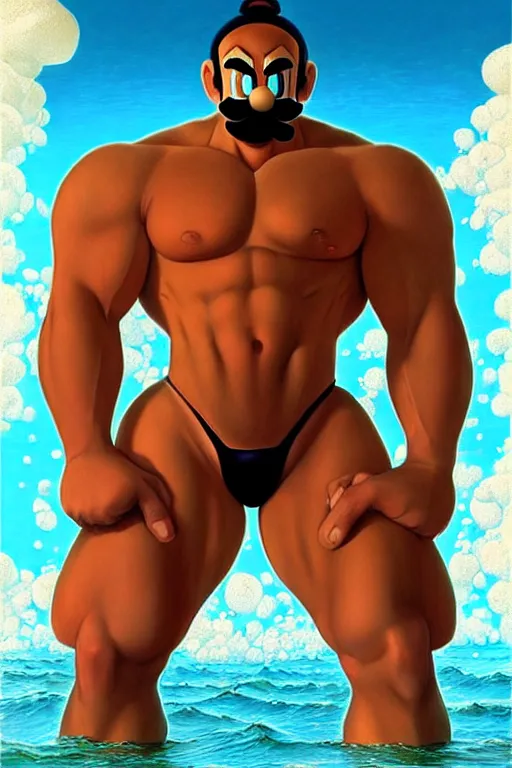 Prompt: gigachad luigi bodybuilder in the ocean by ilya kuvshinov, ernest khalimov body by krista sudmalis, super mario bros symmetrical face concept art, hyper realistic, intricate, elegent, highly detailed, digital painting, concept art, smooth, sharp, focus, illustration, art by artgerm and greg rutkowski and alphonse mucha, artstation