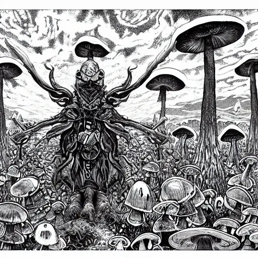 Image similar to 4 k headshot portrait of a psychedelic demonic anthropomorphic insect knight with mushroom themed clothes, magic mushroom village in background by jeff easley, award winning, stylized neon, post - processing, masterpiece, superb resolution. in the art style of junji ito and greg rutkowski. detailed mushroom city in background. hyper realistic anime. perfect art. dalle 2