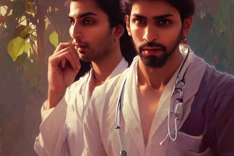Image similar to Anxious good looking pale young Indian doctors arguing, portrait, elegant, intricate, digital painting, artstation, concept art, smooth, sharp focus, illustration, art by artgerm and greg rutkowski and alphonse mucha