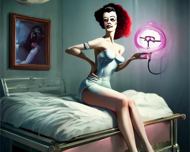 Image similar to phtorealistic modern pin up of the bride of frankenstein posing in a bed in the room of a sanatarium, full body, campy color scheme, realistic, center, smooth, detailed, aly fell, daniela uhlig