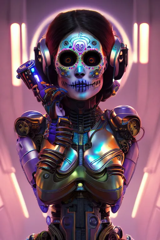 Image similar to ultra detailed, female android, scifi, fantasy, octane render, ( dia de los muertos, triadic color scheme, asymmetrical, intricate detailed, global illumination, concept art, art by michael welan and rossdraws and artgerm and greg rutkowski and alphonse mucha and loish and wlop. 8 k, hdr