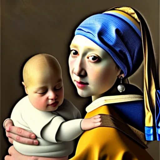 Image similar to pure love is patient love is kind, mother and child ; photorealistic oil painting by johannes vermeer ; highly detailed cute faces by wlop ; trending on artstation ; 8 k high resolution, symmetrical, cinematic, high coherence, golden ratio, rule of thirds, perfectly centered ; anatomically correct faces