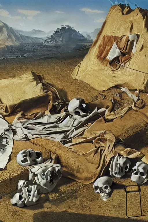 Image similar to a little ill donkey in bed covered with bandages, matte painting of skulls landscape by Ray Harryhausen