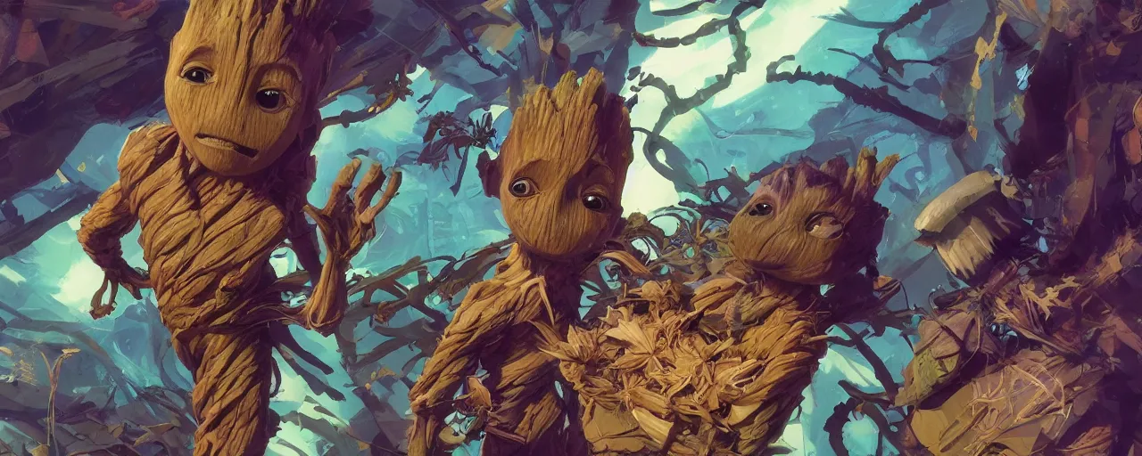 Image similar to duotone concept illustration 3 / 4 portrait of baby groot wearing cannabis hat, hemp, marijuana!, cinematic volumentric lighting, jim cheung, david marquez, mike deodato jr, ilya kuvshinov, makoto shinka, behance hd by jesper ejsing, by rhads, hyper detailed, octane render, concept art, artstation