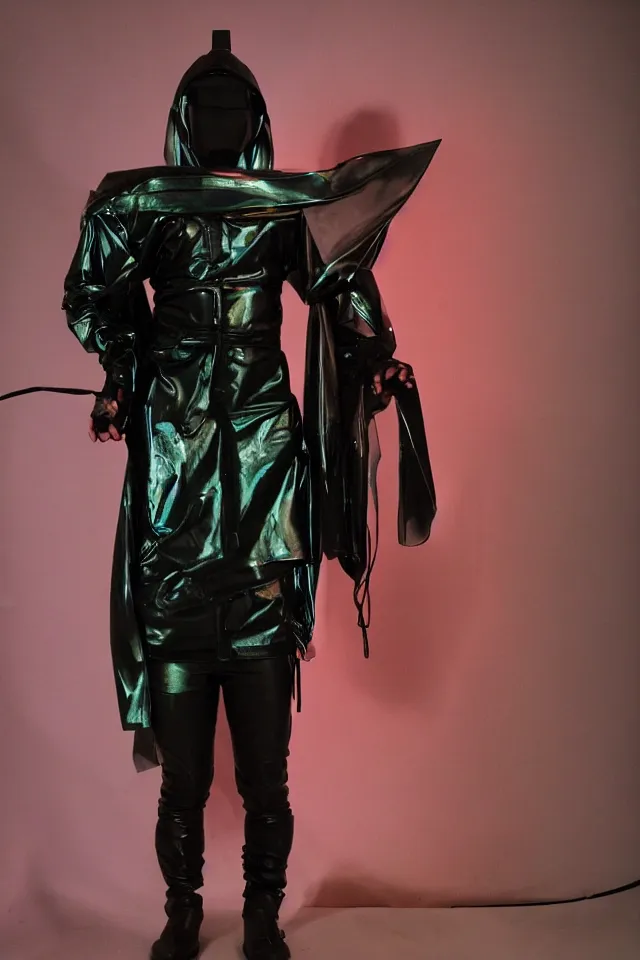 Image similar to androgynous ninja shaman tunic made of latex, radio goggles, techwear, iridiscent fabric, cinematic lighting at night, wet floors, neon, boris vallejo, masterpiece