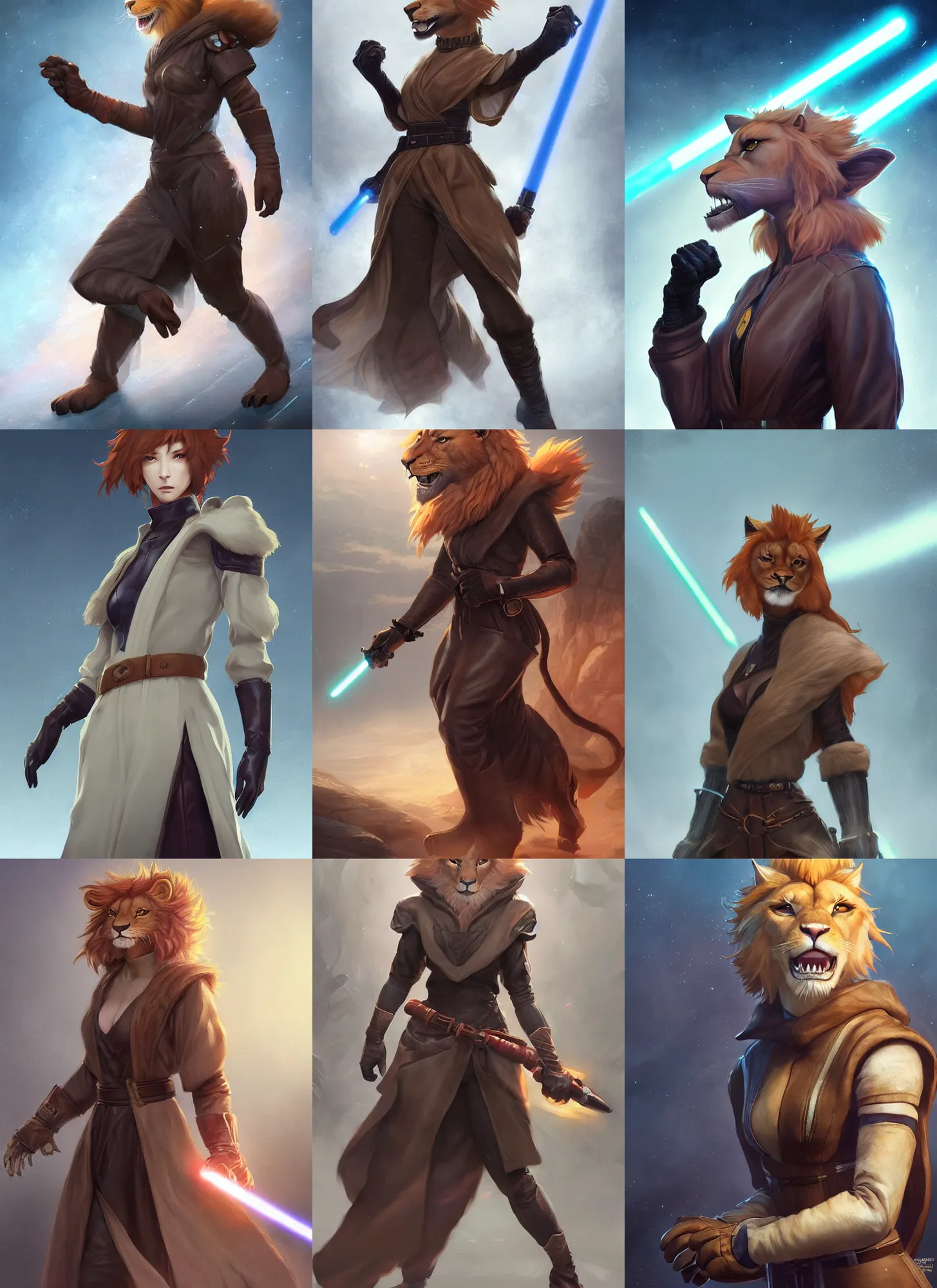 Prompt: beautiful portrait of a female anthropomorphic lioness fursona wearing jedi robes. leather gloves. leather boots. aggressive combat stance. character design by charlie bowater, ross tran, artgerm, and makoto shinkai, detailed, soft lighting, rendered in octane