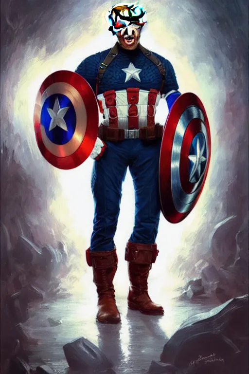 Image similar to Donald Trump as Captain America full body portrait, D&D, fantasy, intricate, elegant, highly detailed, digital painting, artstation, concept art, matte, sharp focus, illustration, art by Artgerm and Greg Rutkowski and Alphonse Mucha