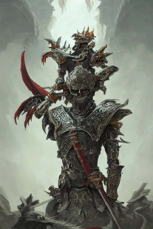 Prompt: portrait of a skeleton with chinese dragon in armor and helmet, majestic, solemn, big sword, wearing helmets and armor with wings, symmetrical, solemn, sacred, aura, art by greg rutkowski, matte painting, trending on artstation