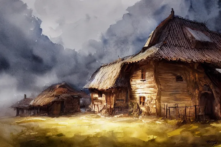 Image similar to paint brush strokes, abstract watercolor painting of rustic village house, interior closeup, medieval straw roof, scandinavian viking age, fog, ambient lighting, art by hans dahl, by jesper ejsing, art by anders zorn, wonderful masterpiece by greg rutkowski, cinematic light, american romanticism by greg manchess, creation by tyler edlin