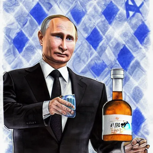 Prompt: putin holding a bottle of israeli arak, cinematic, beautiful digital painting, hyper detailed