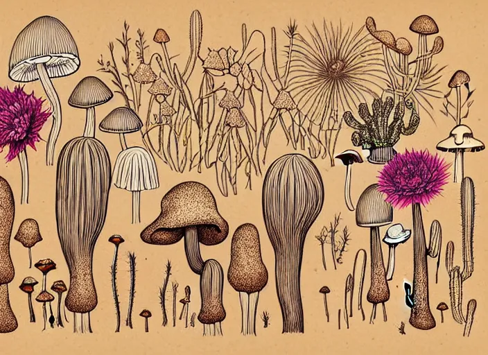 Prompt: surreal line art by naranbaatar ganbold, a lot of flowers + mushrooms + long grass + cactus on a vintage brown paper, a digital rendering by earnst haeckel, behance contest winner, generative art, digital illustration, made of flowers, behance hd, top view