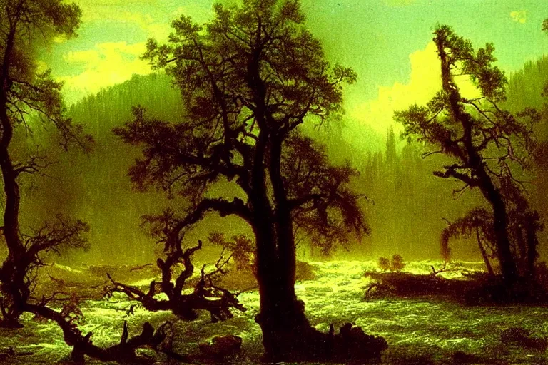 Prompt: oil painting of a detailed old tree next to a raging river by albert bierstadt