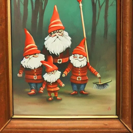 Prompt: vintage painting of gnomes invading a house at night, father defending family with a broom,