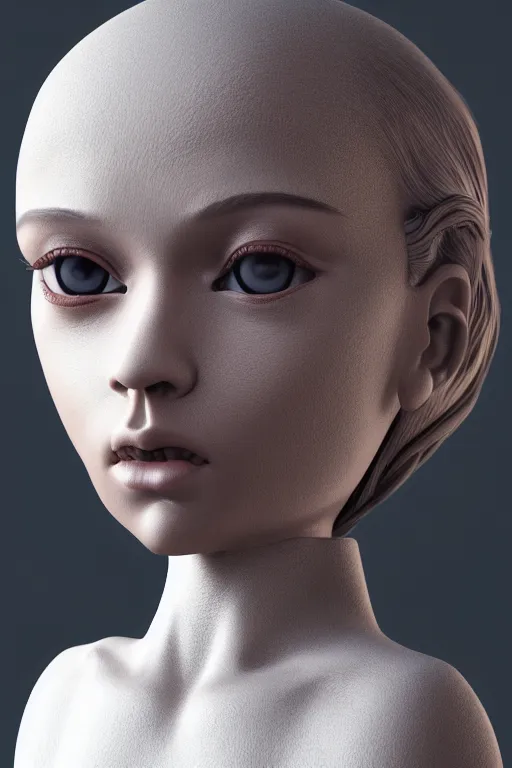 Image similar to beautiful ball jointed doll head, long shiny hair, intricate detailed, sharp focus, octane render, high quality, Symmetrical face composition, 8k, volumetric lighting, on black background