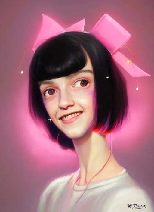 Image similar to portrait of high school girl, realistic, black hair, bangs, half updo hairstyle, pointy nose, skinny, smile, ugly, defined jawline, big chin, pink hair bow, earrings, intricate, elegant, glowing lights, highly detailed, digital painting, artstation, sharp focus, illustration, art by wlop, mars ravelo and greg rutkowski