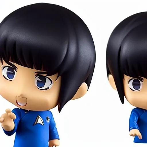 Image similar to spock from the tv series star trek as an anime nendoroid, serious look, pointed ears, spock haircut, detailed product photo