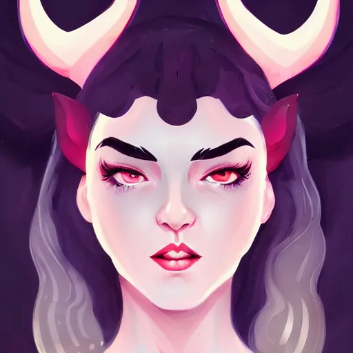 Image similar to a beautiful devil woman with horns by Lois Van Baarle and Sam Yang and Ross Tran and SamDoesArts and RossDraws, symmetrical portrait, trending on ArtStation