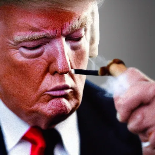 Image similar to a high detail photo of donald trump smoking a cigarrette, subject= donald trump, subject detail: extremly detailed, subject action: smoking a cigar, photorealism, dramatic lighting, award winning photograph, trending on artstation