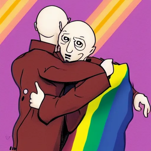 Image similar to voldemort and harry potter hugging, pride flag background