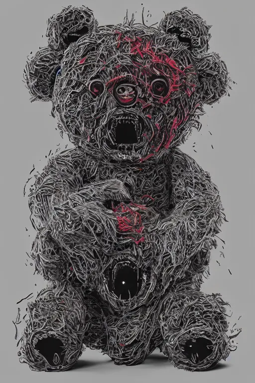 Prompt: portrait of a creepy horror teddy bear . intricate abstract. intricate artwork. nightmare fuel. terrifying. by Tooth Wu, wlop, beeple, dan mumford , trending on artstation, greg rutkowski very coherent symmetrical artwork. cinematic, hyper realism, high detail, octane render, 8k, iridescent accents