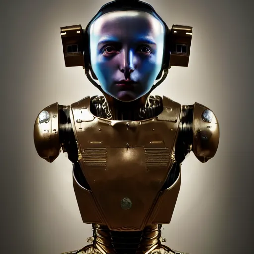 Image similar to Colour Brutal Caravaggio style Photography of Highly detailed humanoid robot with highly detailed face and wearing retrofuturistic-sci-fi In Greek folk military uniform designed by botticelli and wearing detailed retrofuturistic sci-fi Neural interface designed by Josan Gonzalez, Many details, volumetric dramatic natural light In style of Josan Gonzalez and Mike Winkelmann and andgreg rutkowski and alphonse muchaand and Caspar David Friedrich and Stephen Hickman and James Gurney and Hiromasa Ogura.