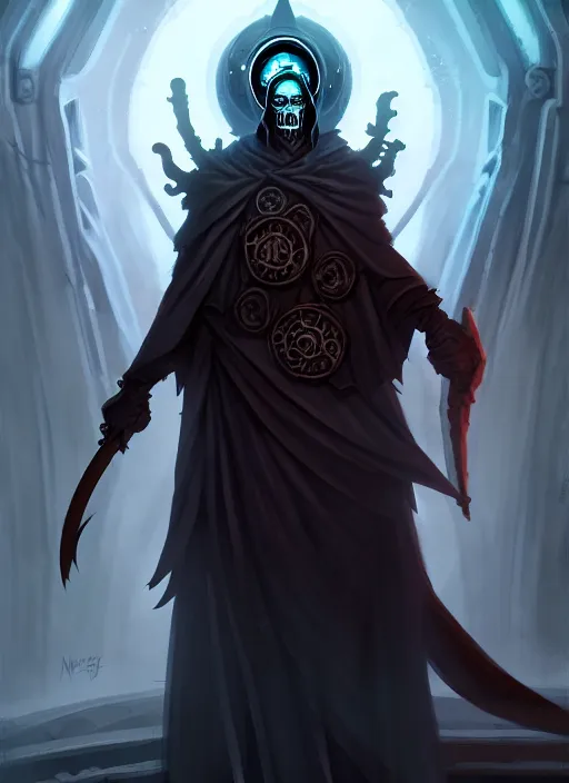 Prompt: concept art illustration of the old necromancer, wearing a wizard cloak, plague mask, in the style of angelarium, hyper detailed, intricate, complex, 8 k, crisp,