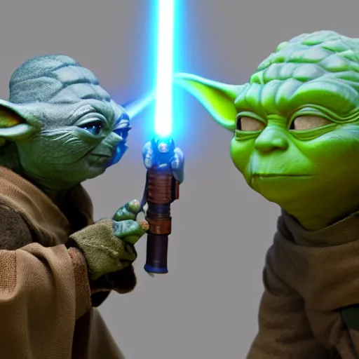 Image similar to yoda teaching grogu how to fight with a lightsaber, 8 k, trending on artstation