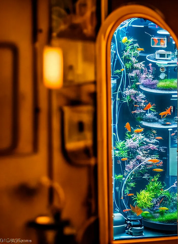 Prompt: telephoto 7 0 mm f / 2. 8 iso 2 0 0 photograph depicting the feeling of chrysalism in a cosy safe cluttered french sci - fi art nouveau cyberpunk apartment in a dreamstate art cinema style. ( ( ( fish tank ) ) ), ambient light.