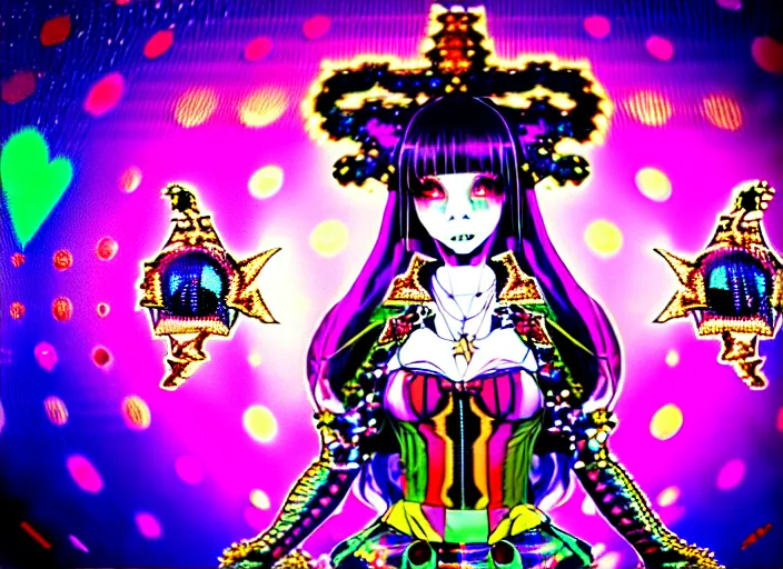 Prompt: baroque bedazzled gothic bedazzled futuristic frames surrounding a pixelsort highly detailed portrait of a colorful maximalist maximalism deocra cute jester art of divine pixiv anime girls, a hologram by penny patricia poppycock, pixabay contest winner, holography, irridescent, photoillustration, maximalist vaporwave