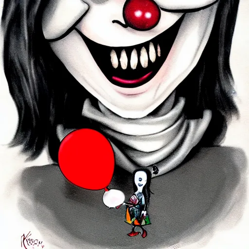 Image similar to grunge cartoon painting of kylie jenner with a wide smile and a red balloon by chris leib, loony toons style, pennywise style, corpse bride style, horror theme, detailed, elegant, intricate