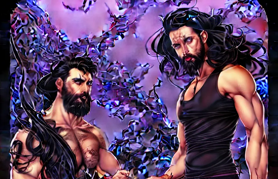 Image similar to a chad with wavy black hair and a beard. muscular. godlike. tank top. using a computer, comic cover art, artgerm, joshua middleton, pretty stella maeve witch doing black magic, serious look, purple dress, symmetrical eyes, symmetrical face, long black hair, full body, twisted evil dark forest in the background, cool colors