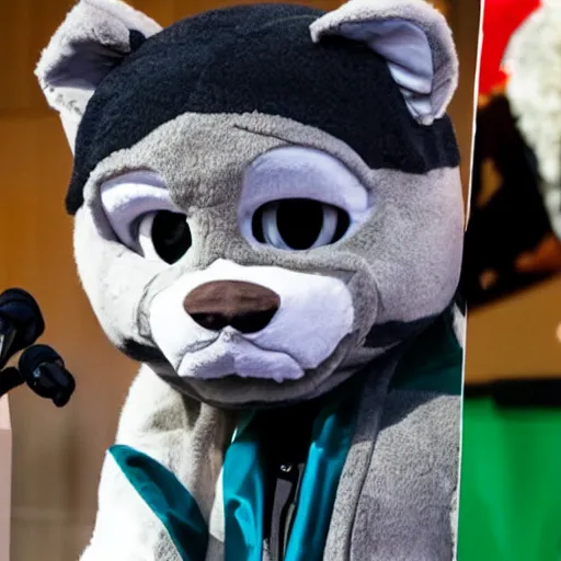 Prompt: Ben Shapiro wearing a fursuit at a furry convention