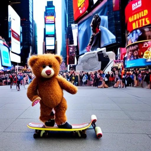 Image similar to a teddy bear skating on a skateboard in times square