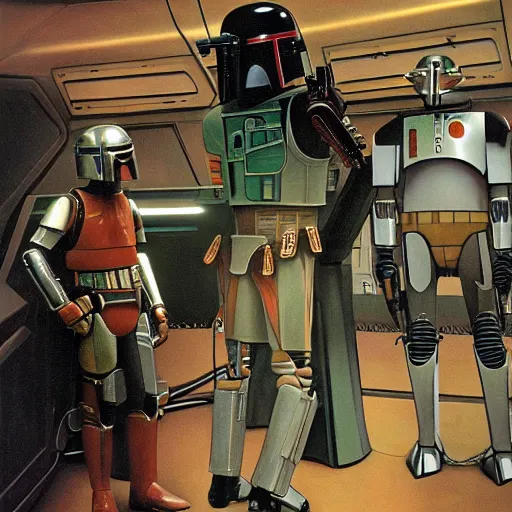 Image similar to ig-88 talking to boba fett in the cantina, artwork by ralph mcquarrie