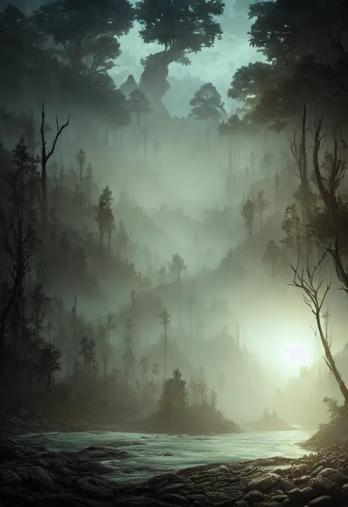 Image similar to forgotten society of tribal natives, large evil totems, gloomy sparse forest surrounding the blood rivers flowing through beach, visual novel key visual, award - winning digital art on pixiv, trending on artstation - cinematic lighting, dramatic lighting, stunning and beautiful scenery - highly detailed, hyperrealistic, unreal engine 5, in the style of kingdom hearts