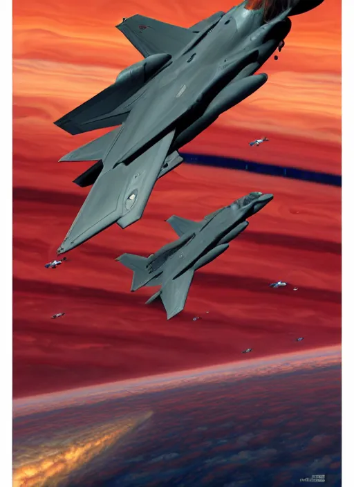 Image similar to poster artwork by michael whelan and tomer hanuka, a portrait, f 3 5 jets dogfighting in the clouds of jupiter, clean