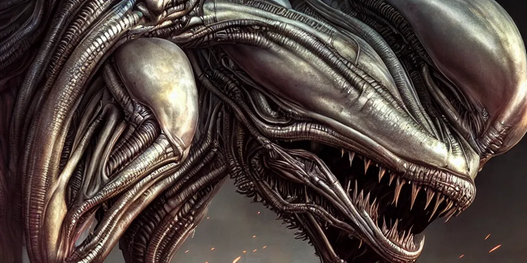 Image similar to Alien from Ridley Scott, super highly detailed, professional digital painting, artstation, concept art, smooth, sharp focus, no blur, no dof, extreme illustration, Unreal Engine 5, Photorealism, HD quality, 8k resolution, cinema 4d, 3D, beautiful, cinematic, art by artgerm and greg rutkowski and alphonse mucha and loish and WLOP