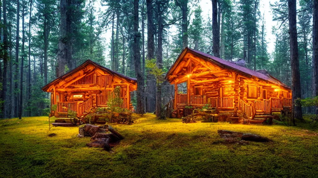 Prompt: portrait of an ethereal log cabin made of golden purple and green light, evergreen forest, divine, cyberspace, mysterious, high-contrast, 4k, award-winning photograph