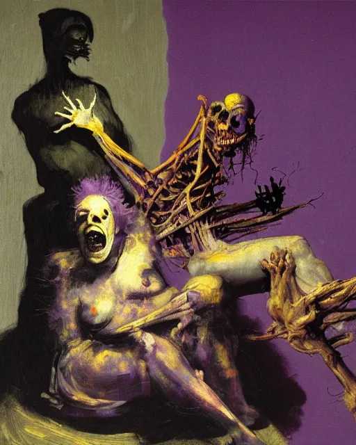 Prompt: dark fleshy figure seated next to another dark angey figure laughing in a messy living room by Francisco Goya and Francis Bacon and James Jean, vibrant purple background, mythological painting, oil painting, triadic color scheme, very coherent, Figure laughing seated on a throne made out of a beskeleton inside interior room, Beksinski painting, masterpiece, artstation