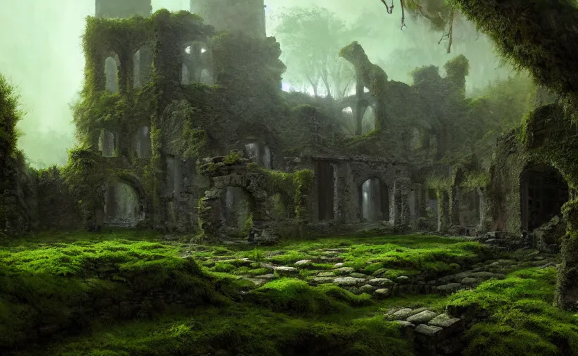 Image similar to ruins of an old castle covered by plant and moss with moody and cinematic lighting by greg ruthkowski and craig mullins and caspar david friedrich, concept art, artstation, trending on artstation