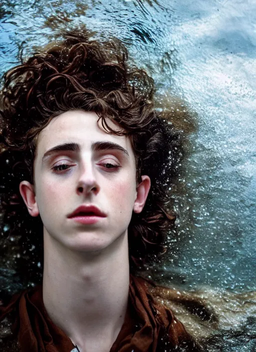 Image similar to Kodak Portra 400, 8K,ARTSTATION, Caroline Gariba, soft light, volumetric lighting, highly detailed, britt marling style 3/4 , extreme Close-up portrait photography of a Timothee Chalamet how pre-Raphaelites with his eyes closed,inspired by Ophelia paint, his face is under water Pamukkale, underwater face, hair are intricate with highly detailed realistic , Realistic, Refined, Highly Detailed, interstellar outdoor soft pastel lighting colors scheme, outdoor fine photography, Hyper realistic, photo realistic