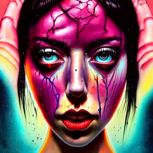 Prompt: a dream portrait of aubrey plaza dancing, beautiful, terrifying, melting, webbing, 8 k, by tristan eaton, stanley artgerm, tom bagshaw, greg rutkowski, carne griffiths, ayami kojima, beksinski, giger, trending on deviantart, face enhance, hyper detailed, minimalist, horror, full colour